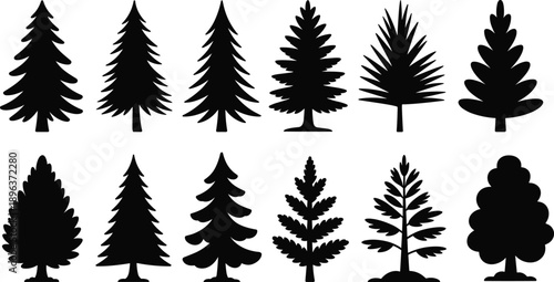 Set of tree silhouettes in various forest shapes isolated on white background, nature woodland plant icons for ecology, landscape, and design use