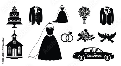 Wedding planning concept with black silhouettes of bride groom cake church rings flowers and car on white background for marriage decoration or invitation