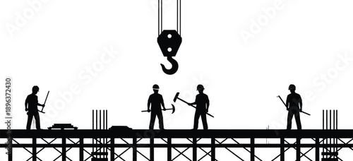 Construction workers silhouette, scaffolding platform, crane hook, black and white, hard hats, tools, teamwork, industrial site, safety gear, engineering, labor force, building process, 