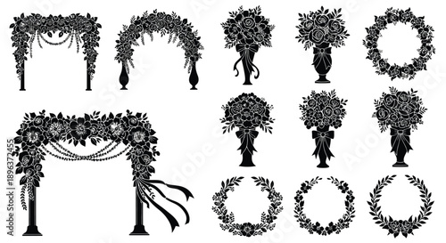 Collection of floral wedding arches bouquets and wreaths in elegant black silhouettes on white background for decoration and design