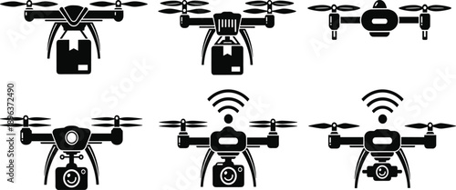 Drone silhouette icons, delivery drones, camera drones, black and white, wireless signal, aerial photography, remote control, logistics, technology, quadcopter, UAV, drone fleet