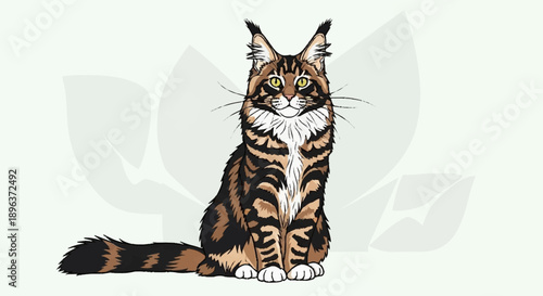 Maine Coon Cat Sitting Proudly with Bushy Tail.