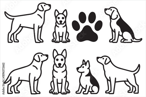 Dog silhouettes bundle , playful puppy icons, sitting, standing, running, vector pet clipart for trainers, veterinarians, animal shelter marketing, canine logo set, illustration, on white background.
