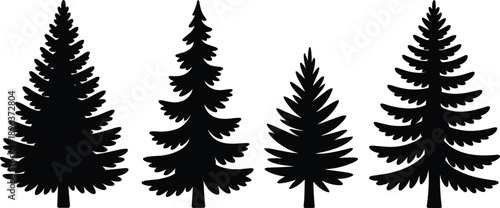 Set of pine tree silhouettes in different evergreen shapes isolated on white background, forest nature plant icons for ecology, landscape, and design use
