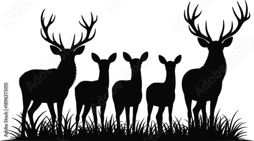 Herd of deer silhouettes with antlers standing in grass isolated on white background, wild forest animals icons for nature, wildlife, and hunting design use