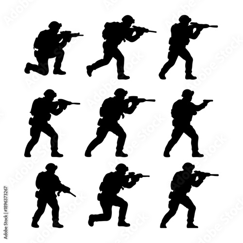 Nine Soldier Silhouettes in Different Combat Poses, Military Vector Set.