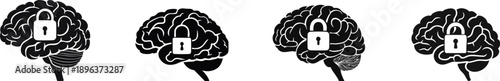 Four stylized brain illustrations, each with a padlock, symbolizing concepts of security, privacy, and mental protection.