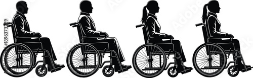 Set of wheelchair user silhouettes with men and women in various manual wheelchairs, isolated vector icons for accessibility and disability inclusion.