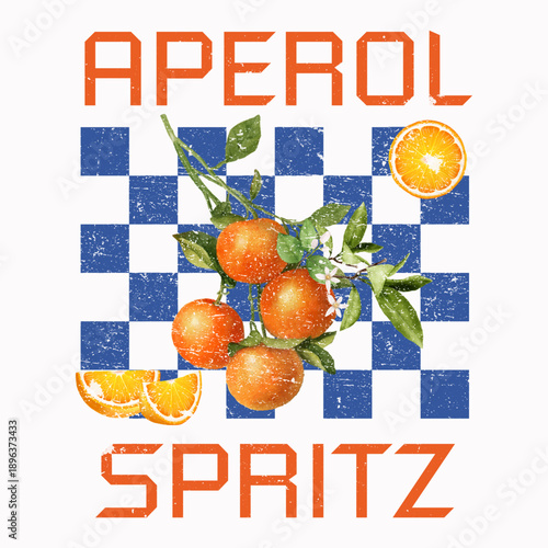 Retro summer orange fruit on branch with blue checkered background for t-shirt design. Aesthetic citrus graphic for apparel, poster, and streetwear print. Vintage Mediterranean food 
