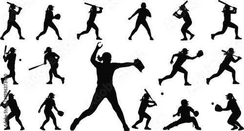 Softball athlete silhouette bundle featuring various female players pitching, batting, catching, and fielding for team sports graphic design and branding.