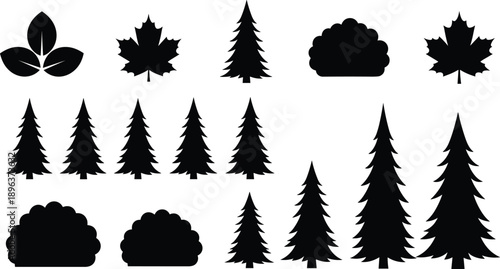 Tree icons, leaf silhouettes, bush shapes, nature elements, forest design, botanical symbols, foliage graphic, flat vector illustration