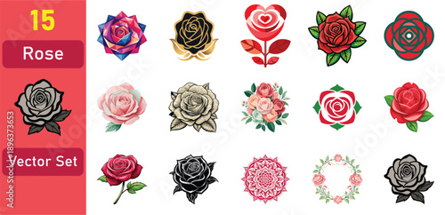 Stunning collection of 15 diverse rose vector illustrations perfect for digital designers graphic artists and crafters featuring classic modern and artistic floral designs. blooming flower clipart.