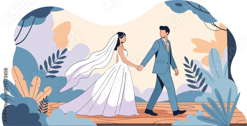Wedding couple holding hands walking in abstract nature garden vector