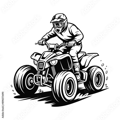 Graphic illustration of a person wearing helmet and goggles riding an allterrain vehicle