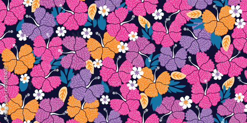 pink purple hibiscus pattern. Botanical on black Seamless pattern. Exotic Hibiscus. Motif Hawaiian  summer. Beautiful Lush floral, sweet exotic floral print on black background. Lovely hibiscus flower