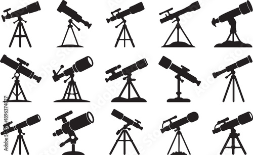 Collection of various telescopes on tripods for astronomy and stargazing