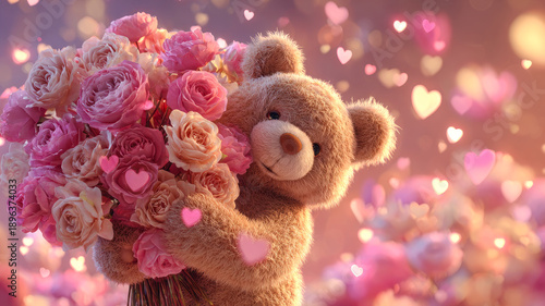 A cute plush bear holding bouquet made of red roses, surrounded by floating hearts and rose petals, set against a soft, romantic background. Valentines day background.