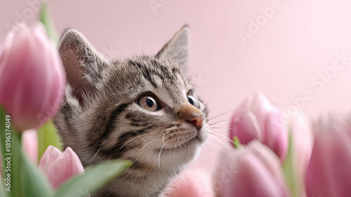 Adorable cat with a bouquet of tulips on pink background, womens day, valentines day.