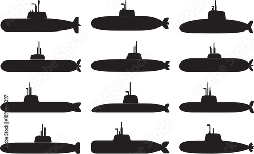 Collection of submarine silhouettes in various orientations