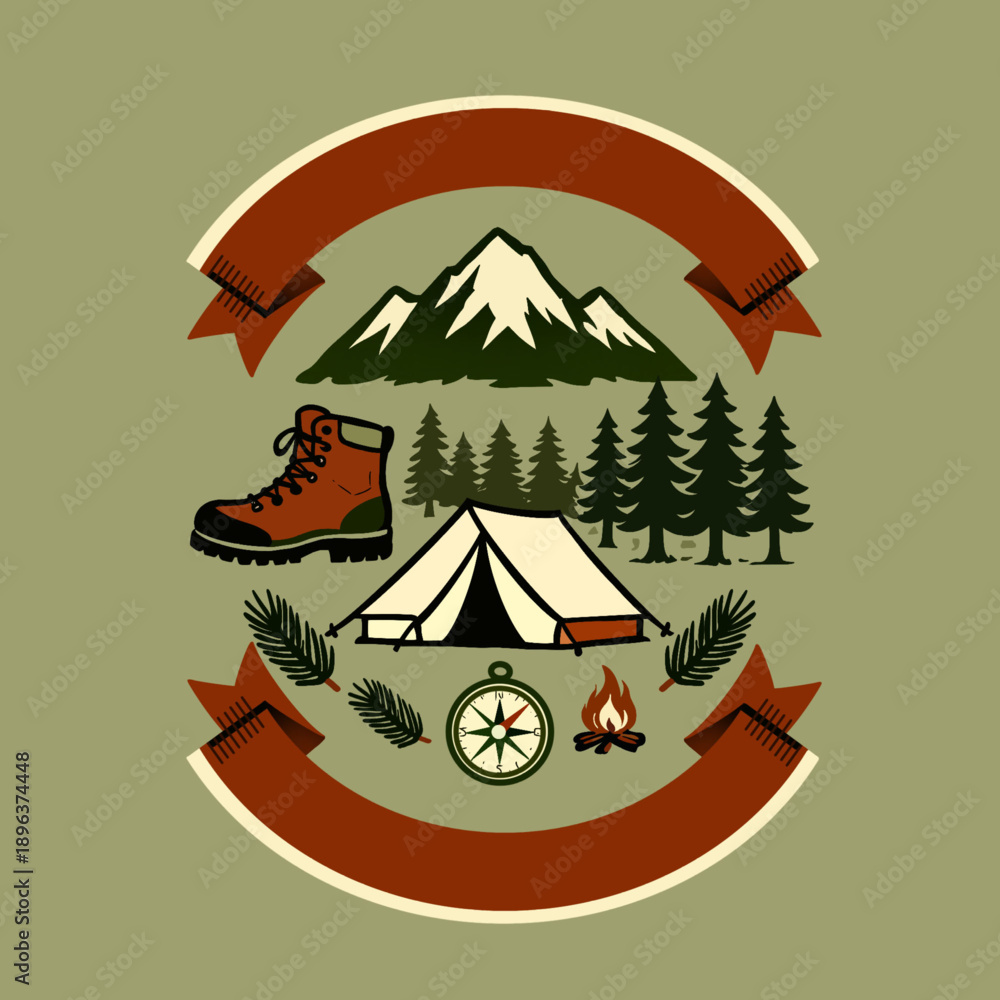 Fototapeta premium Camping Adventure Badge with Tent, Mountain, Forest and Outdoor Equipment. Perfect for adventure branding, outdoor logos, travel posters, hiking and camping promotions, and nature themed designs.