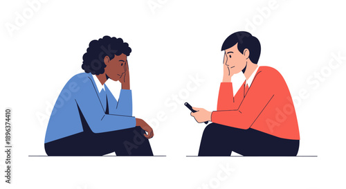 Deep Conversation or Counseling Session Between Diverse Couple. Flat Vector Illustration of Communication Issues and Reflection.