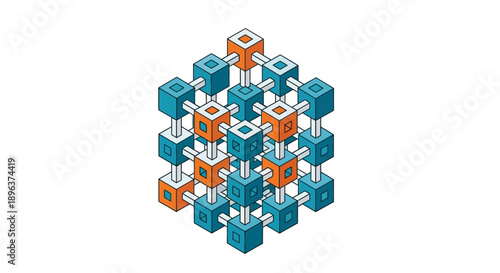 Isometric Cube Grid Structure Network Vector Illustration. Concept of Blockchain, Big Data, Technology, and System Integration.