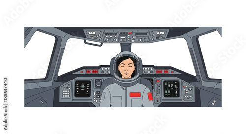 Focused Asian Woman Astronaut Pilot in Spaceship Cockpit. Professional female crew member wearing helmet in advanced flight control panel vector illustration.