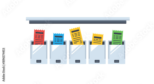 Colorful Digital Tickets and Receipts in Five Mobile Smartphone Displays. Event Validation or Payment Confirmation Icon.