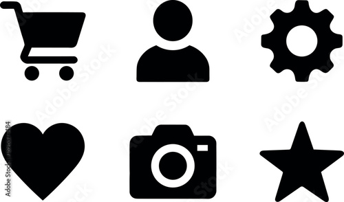 Black shopping cart person gear heart camera star