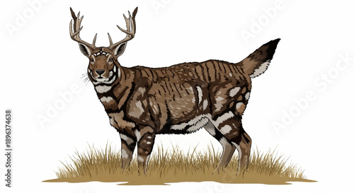 Illustration of a prehistoric deer with striped fur and large antlers.