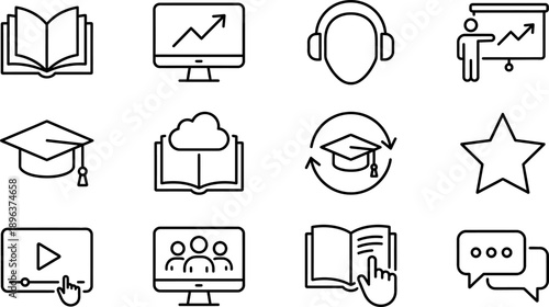 Minimalist vector icon set for online education and learning, showcasing books, graduation caps, computers with graphs, and cloud storage in a simple, clean outline style.