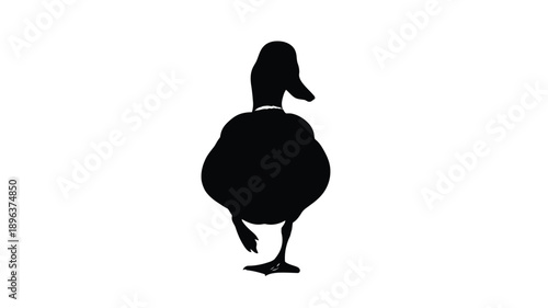 a black silhouette of a duck walking gracefully against a white background