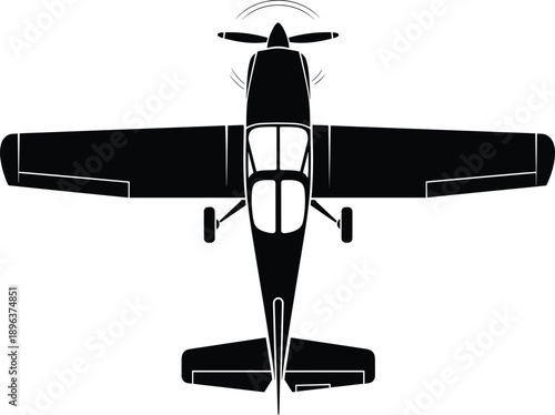 Propeller airplane silhouette, black and white, top view, single engine, cockpit windows, landing gear, aviation vector, aircraft design, flight, transportation, small plane,