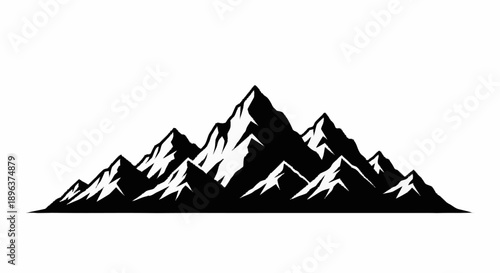 Jagged Mountain Peaks Silhouette Against White Background.