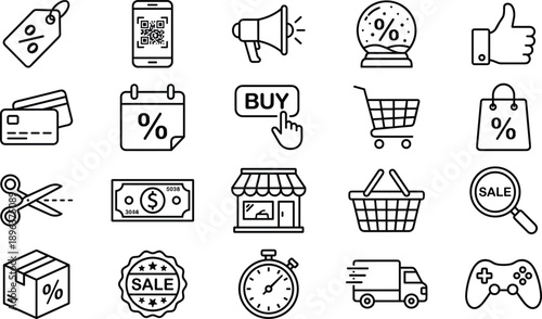 Line Icons for Shopping, Discounts, E-Commerce, Payment, Delivery, Promotions, Retail Marketing, Sale Events, and Online Purchase Concepts