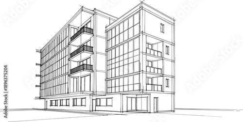 Technical 3D perspective sketch of a modern multistory apartment building featuring tiered balconies and large glass facades vector