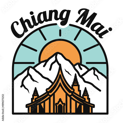 Stylized Chiang Mai travel badge with mountains, sun, and traditional Thai temple illustration.