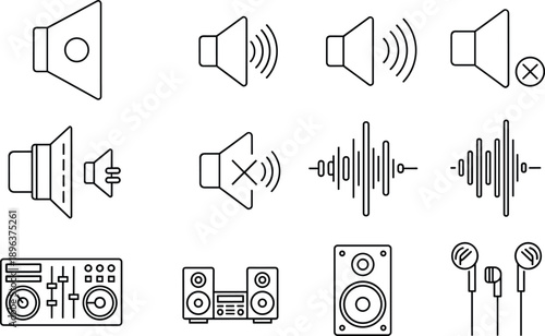 Line icons representing audio and sound concepts including speakers, sound waves, mute symbols, and audio equipment