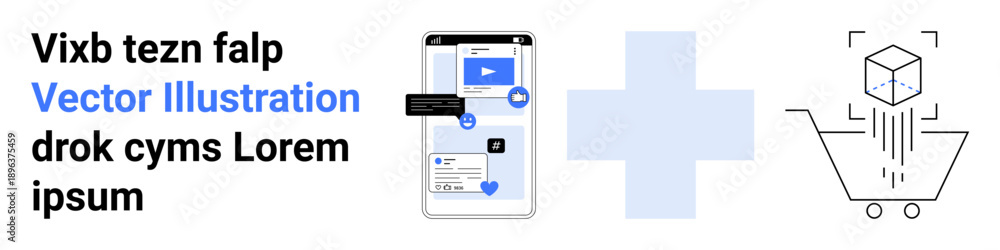 Obraz premium E-commerce, mobile apps, digital shopping, technology, online retail, user interface. Smartphone displaying app layout, shopping cart icon and 3D cube. E-commerce and mobile apps concept