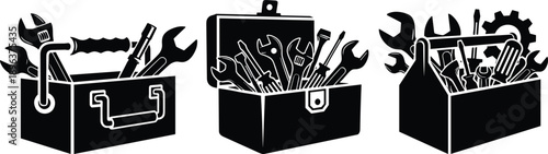 Toolbox silhouette, black and white tools, wrench, screwdriver, pliers, hammer, gear, mechanic kit, repair equipment, construction, maintenance, workshop, 