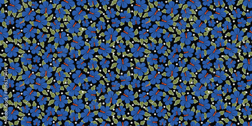 Blue Hibiscus pattern. Tropical botanical Seamless pattern. motif exotic hibiscus design.  Hawaii design for summer. beautiful Lush blue floral on black, Ditsy floral patterns. hibiscus flower.