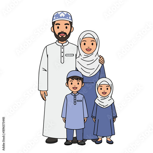 A Muslim family of four wearing traditional clothing standing together