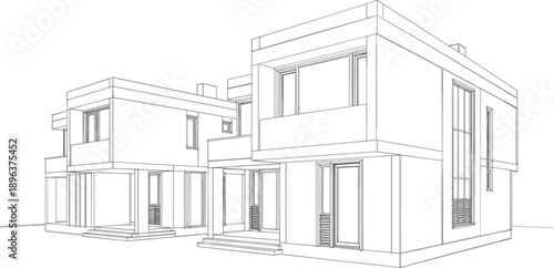 Technical 3D wireframe illustration of a modern duplex residential building featuring large windows and minimalist cubic architectural design