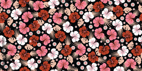 pink white hibiscus pattern. Earth Tones Botanical Seamless pattern. Exotic Hibiscus. Motif Hawaiian summer. Beautiful Timeless ditsy floral, palm patterns black background. vintage hibiscus flower.