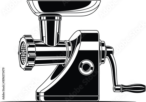 Black and white vector illustration of a manual vintage meat grinder with a hand crank and metal tray isolated on a white background
