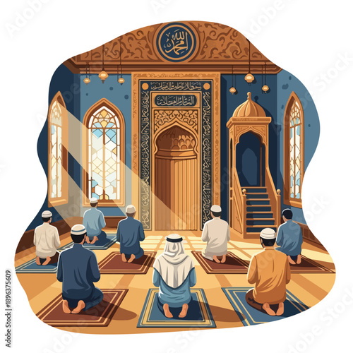 People praying in a mosque interior with traditional Islamic architecture