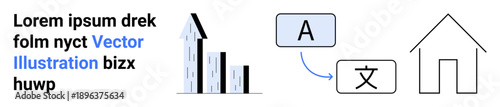 Business trends, linguistics, urban planning, technology, translation, globalization. Bar graph, translation symbols and house structure. Business trends and linguistics concept