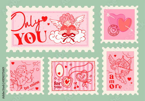 Valentine's Day, love,  set of stamps, postmark, lave symbols, February event, decoration, whimsical, doodle,  print, vector 