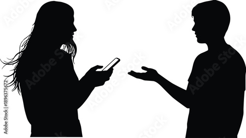 Black silhouette of a young couple using a smartphone, representing digital communication, social media networking, mobile technology, and modern relationships.