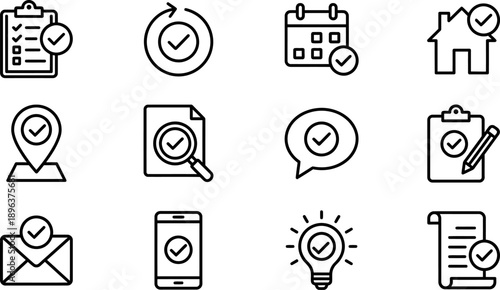 Set of versatile black and white line icons for business processes, approval, and feedback, including checklists, magnifying glass, speech bubbles, and mobile devices.